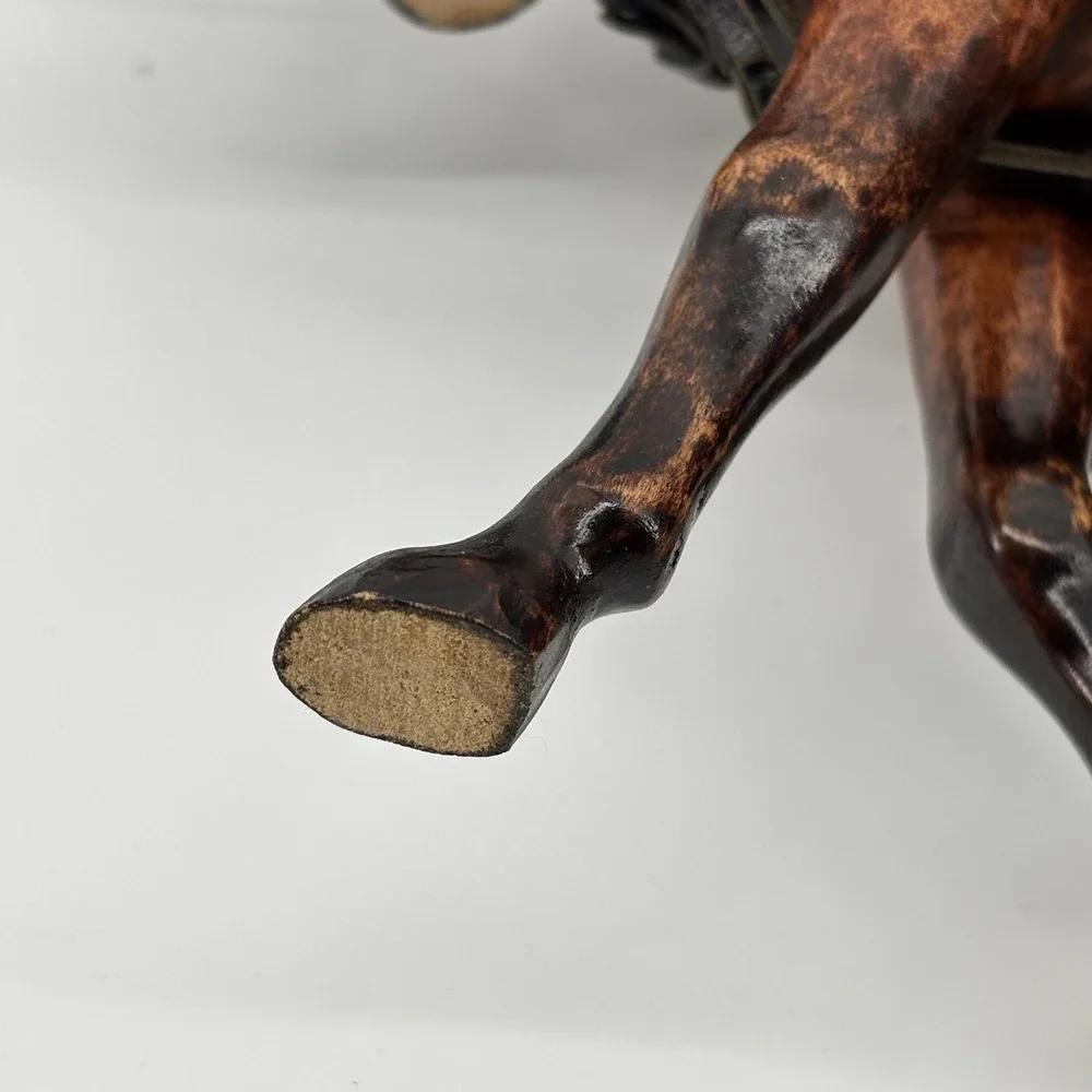 Rare Vintage Wooden Horses With Tooled Leather Bridle Reins Draft‎ Team